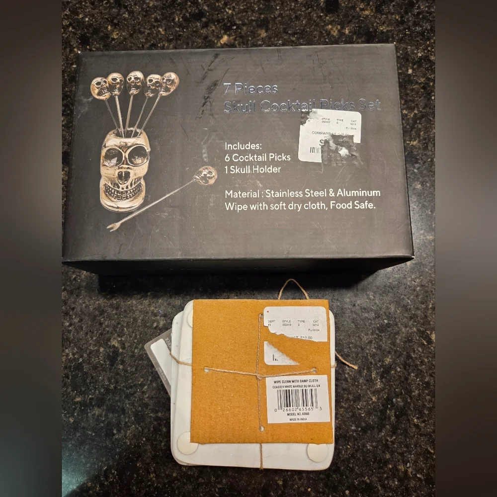 Silver Skull Cocktail Picks Set And Skull Marble Coaster Set